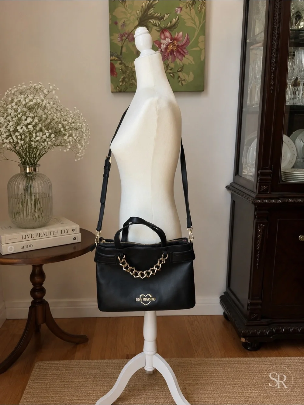 Love Moschino NWOT Black Satchel Crossbody Heart Chain Gold Hardware Dust Bag